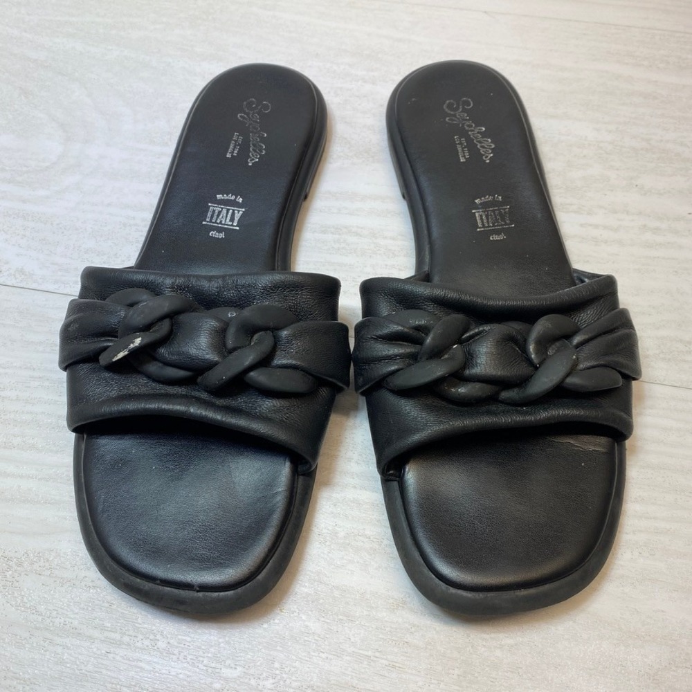 Seychelles Womens 8 Slide Sandals Ciao Black Leather Chain Link Made in Italy
